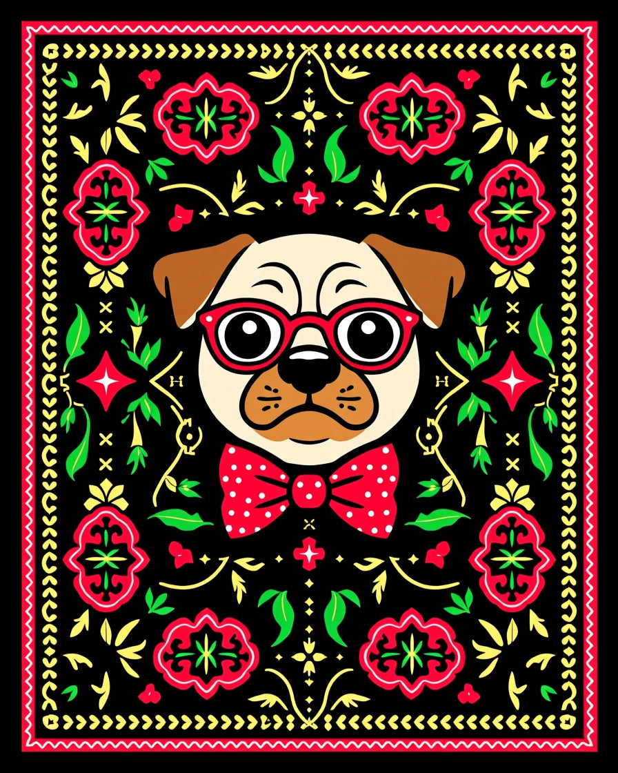 Charming Pug Red Glasses Polka Dot Bow Rug