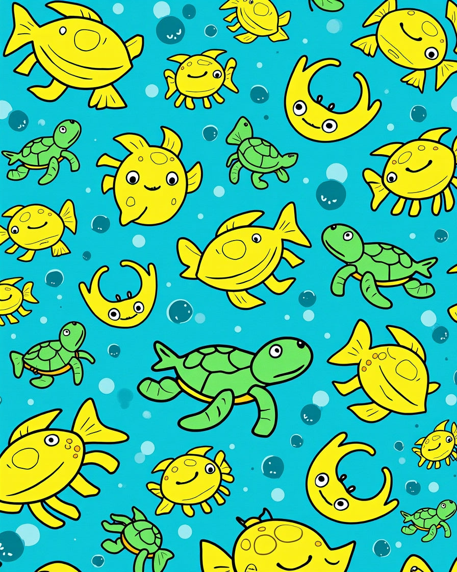 Yellow Fish Green Turtles Blue Ocean Rug