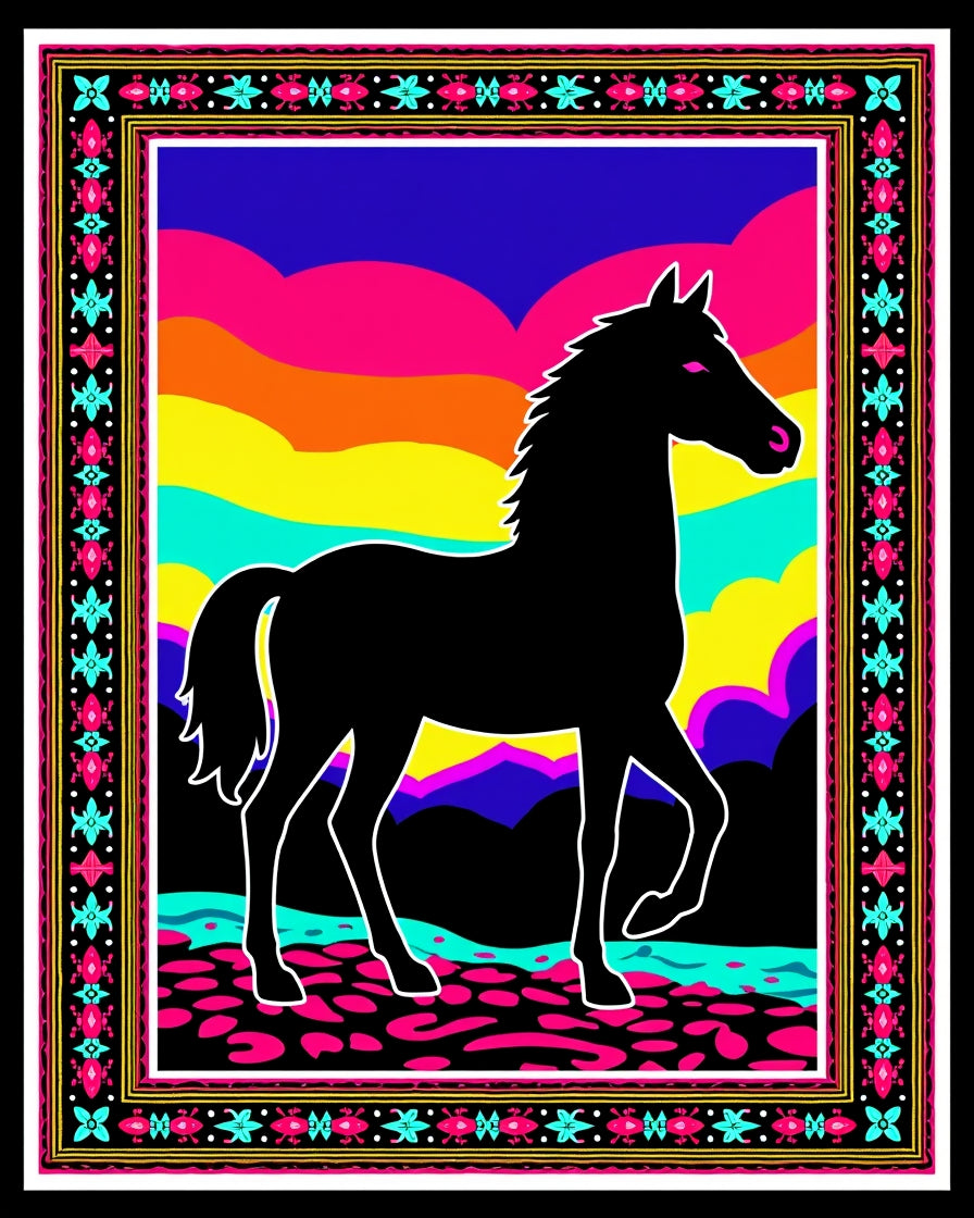Bold Black Horse Vibrant Landscape Art Rug