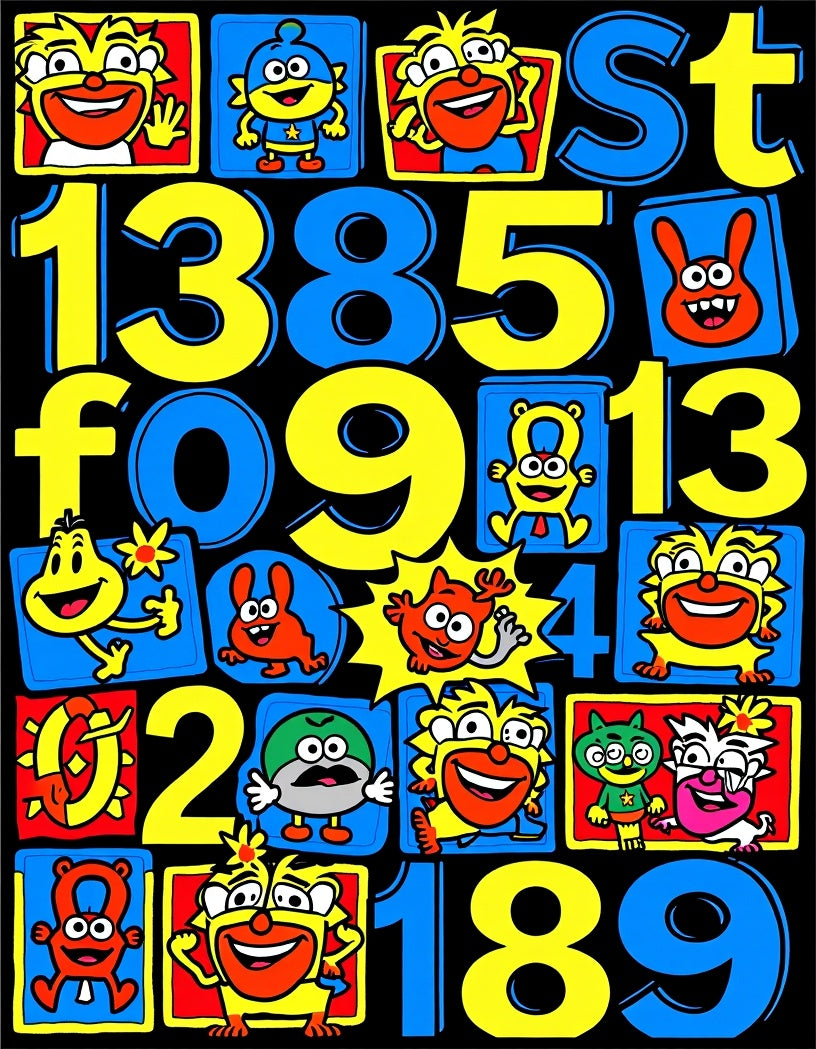 Playful Yellow Blue Cartoon Characters Numbers Rug