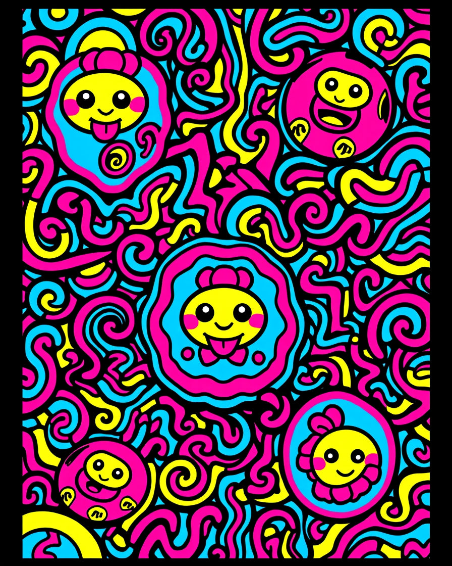 Vibrant Pink Blue Yellow Character Collage Rug
