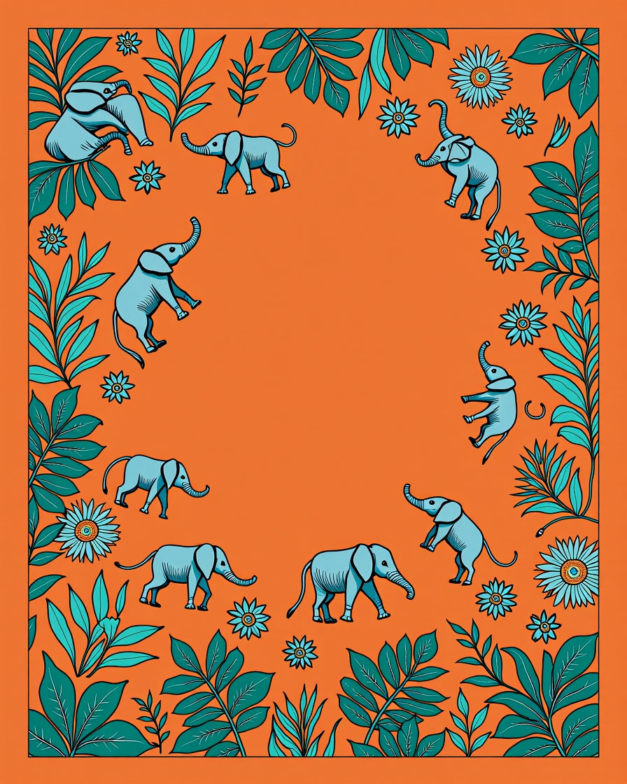 Whimsical Elephants Teal Foliage Orange Background Rug