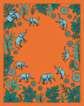 Whimsical Elephants Teal Foliage Orange Background Rug