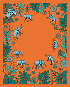 Whimsical Elephants Teal Foliage Orange Background Rug