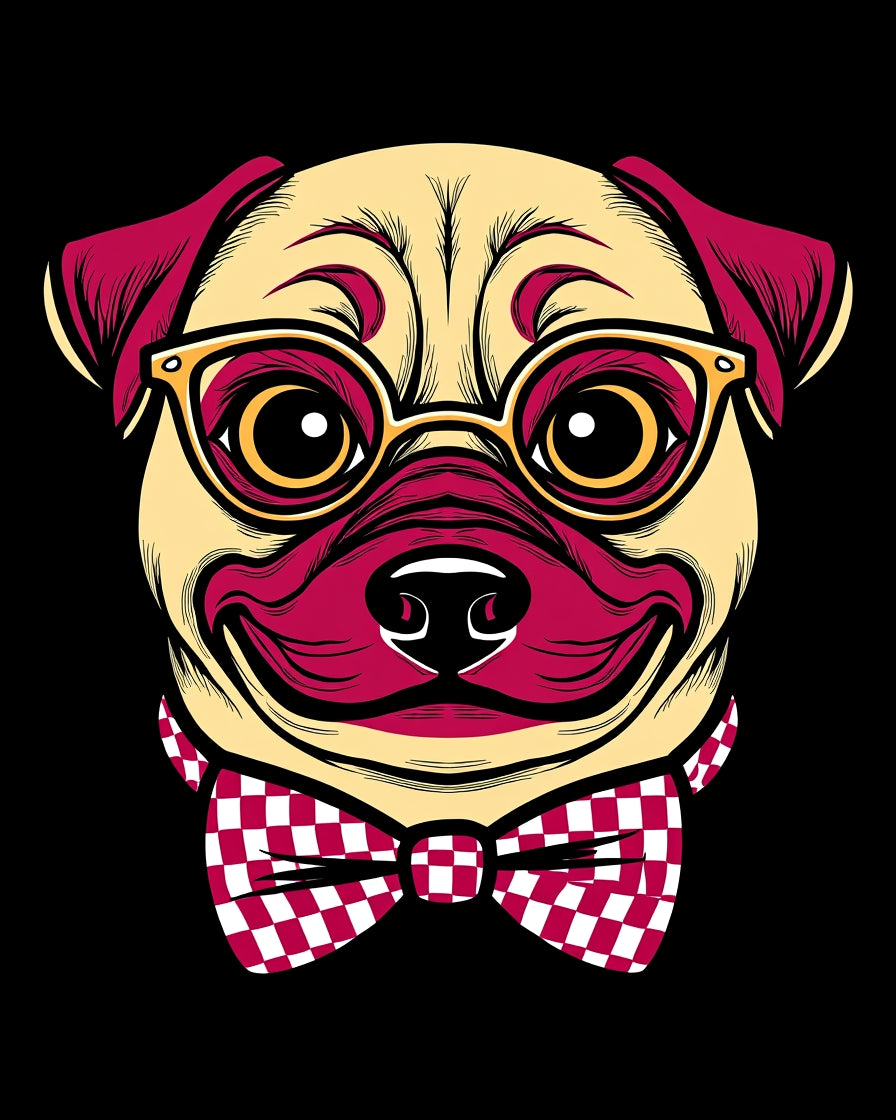 Dapper Pug Gold Glasses Crimson Bowtie Rug