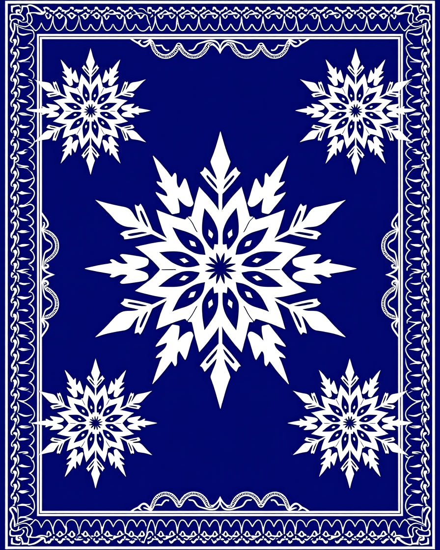 Deep Blue Snowflake Mandala Border Rug