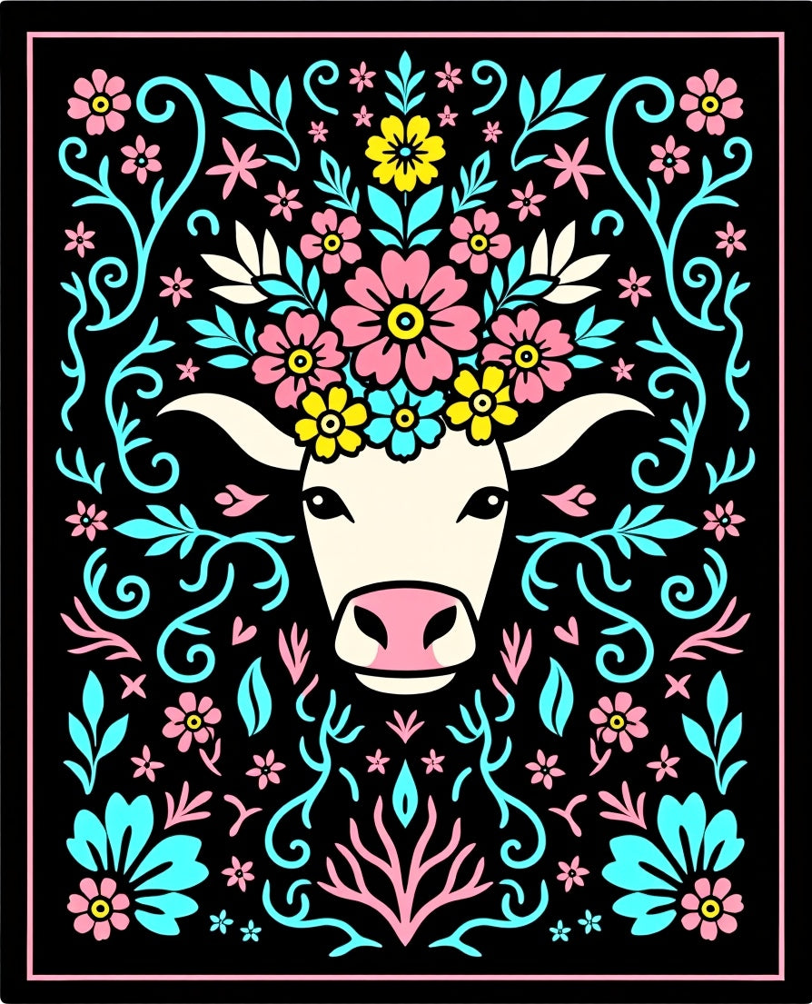 Whimsical Cow Floral Crown Black Rug