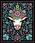 Whimsical Cow Floral Crown Black Rug