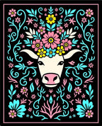 Whimsical Cow Floral Crown Black Rug
