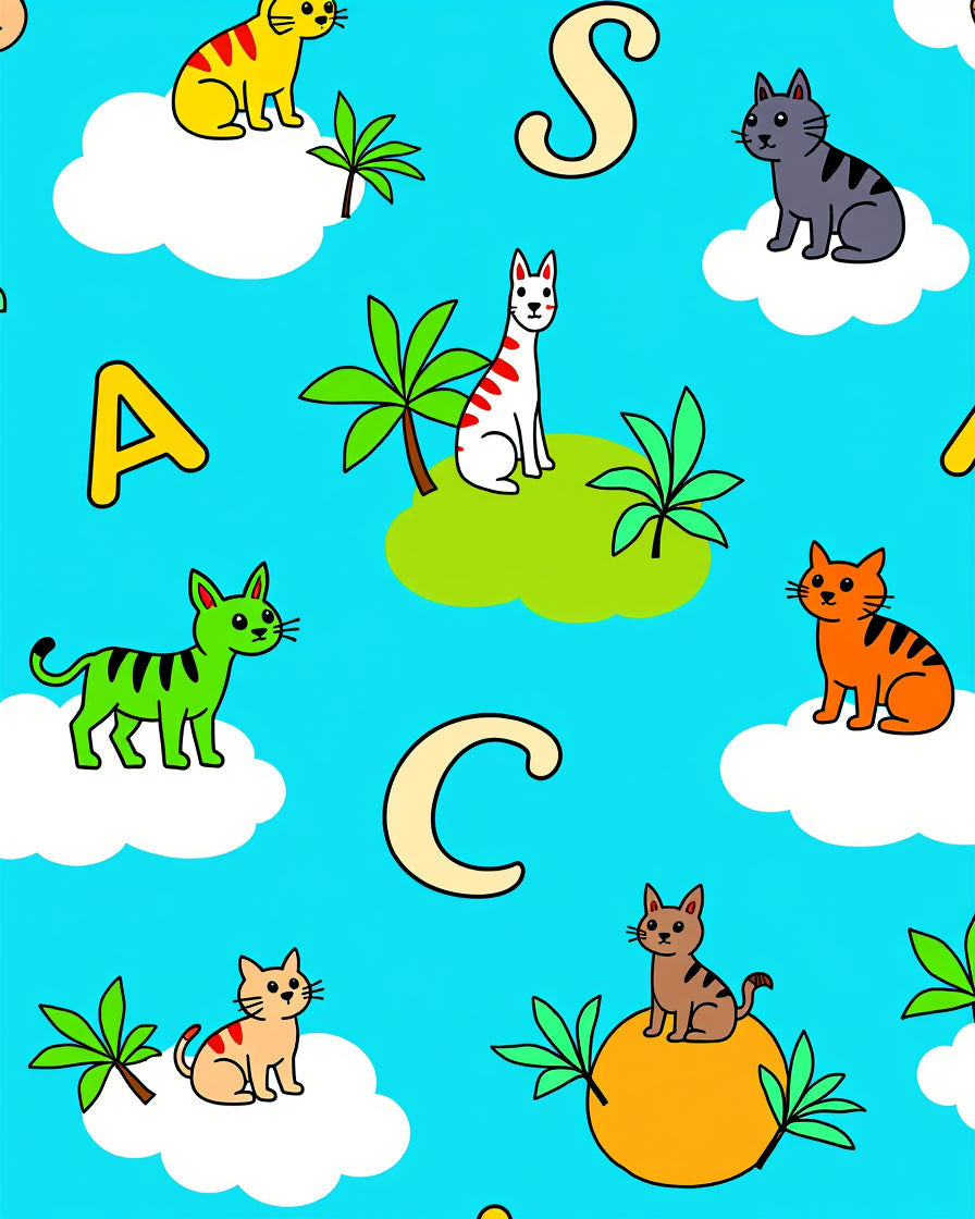 Whimsical Cats Alphabet Sky Blue Rug