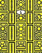 Bright Yellow Rectangular Folk Art Collage Rug