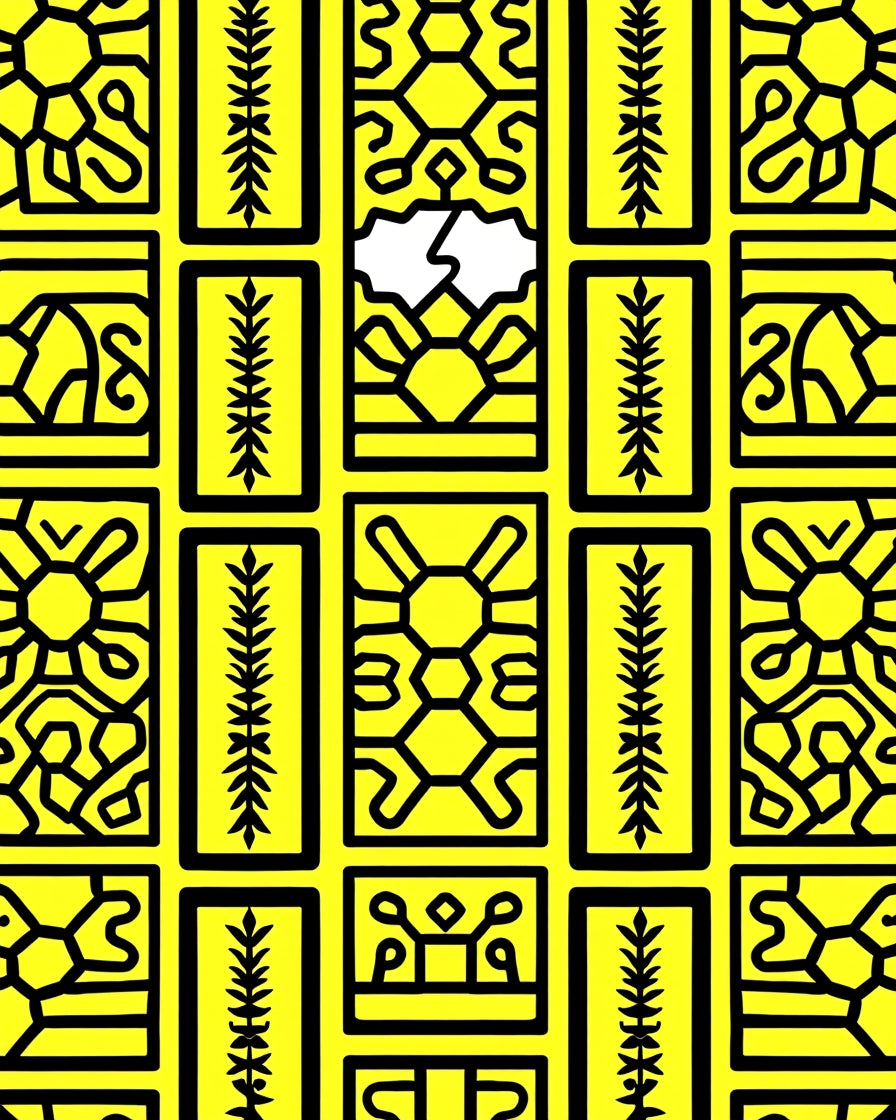 Bright Yellow Rectangular Folk Art Collage Rug