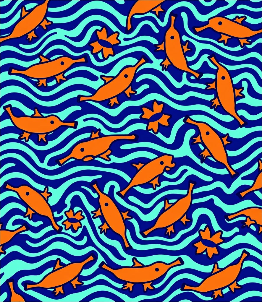 Orange Fish Blue Wavy Ocean Rug