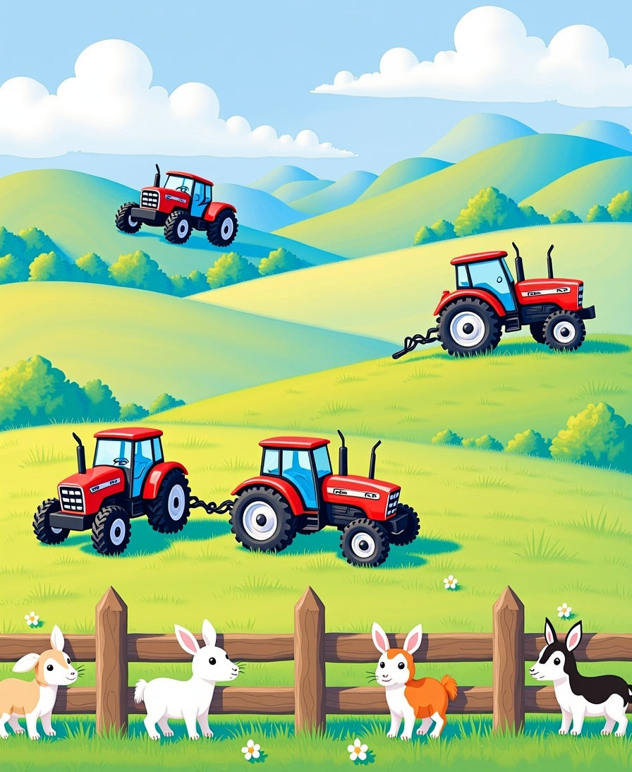 Red Tractors Working Green Farm Hills Rug