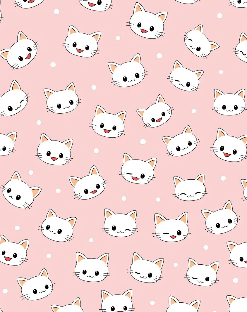 Kawaii White Cats Pink Polka Dot Background Rug