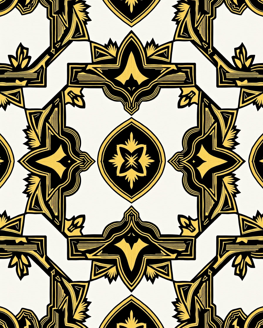 Golden Black Ornate Medallion Art Deco Rug