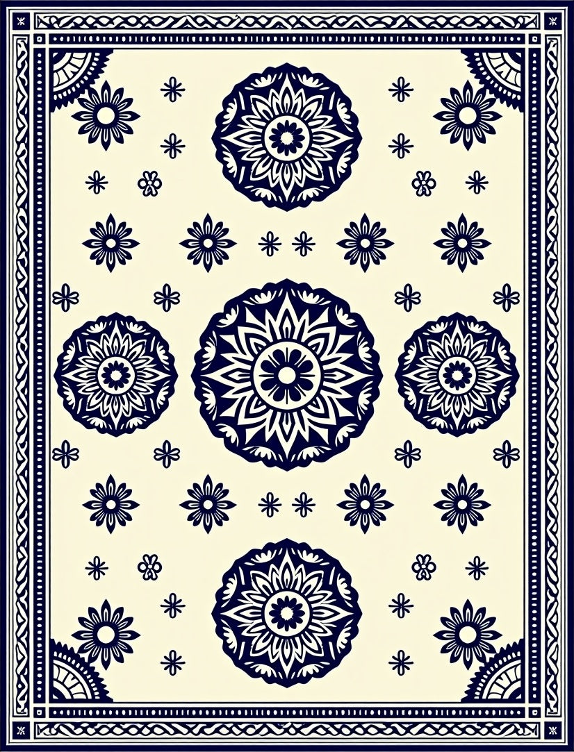 Navy Floral Radiating Burst Ivory Rug