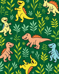 Playful Dinosaur Foliage Green Cream Rug