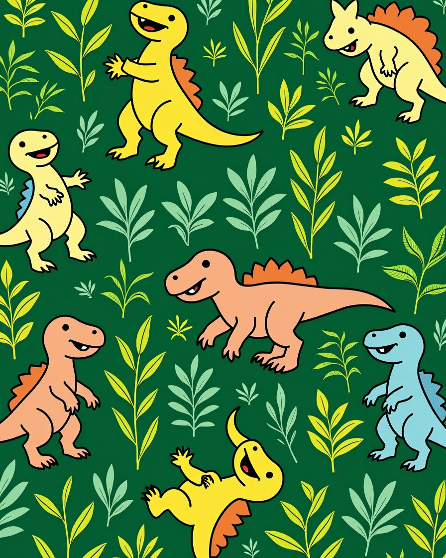 Playful Dinosaur Foliage Green Cream Rug