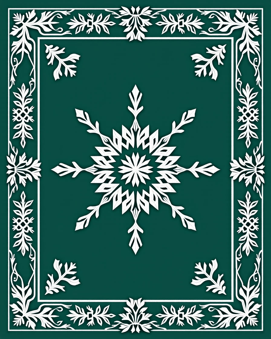 Deep Teal White Snowflake Floral Frame Rug