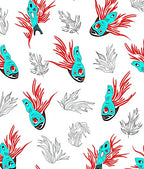 Turquoise Red Tribal Fish Collage Rug
