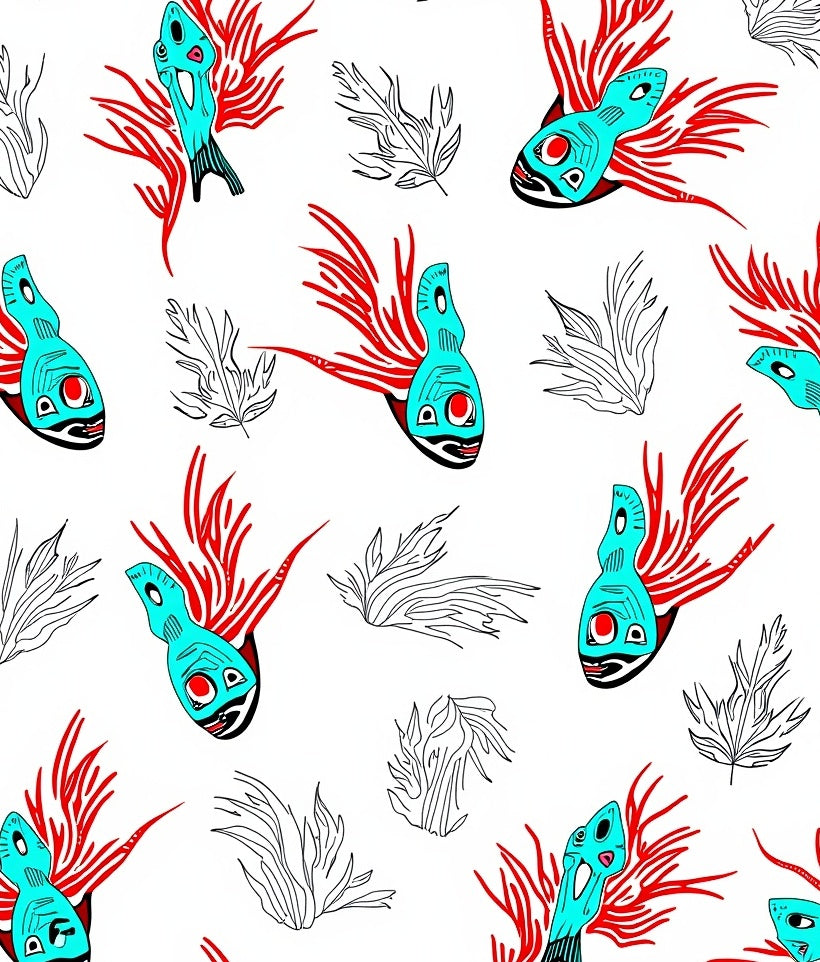 Turquoise Red Tribal Fish Collage Rug