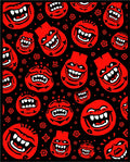 Red Grinning Monster Faces on Black Rug