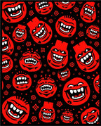 Red Grinning Monster Faces on Black Rug
