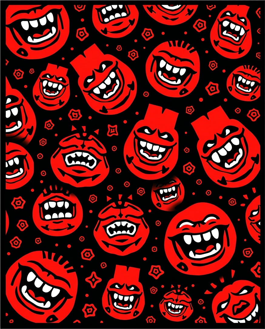 Red Grinning Monster Faces on Black Rug