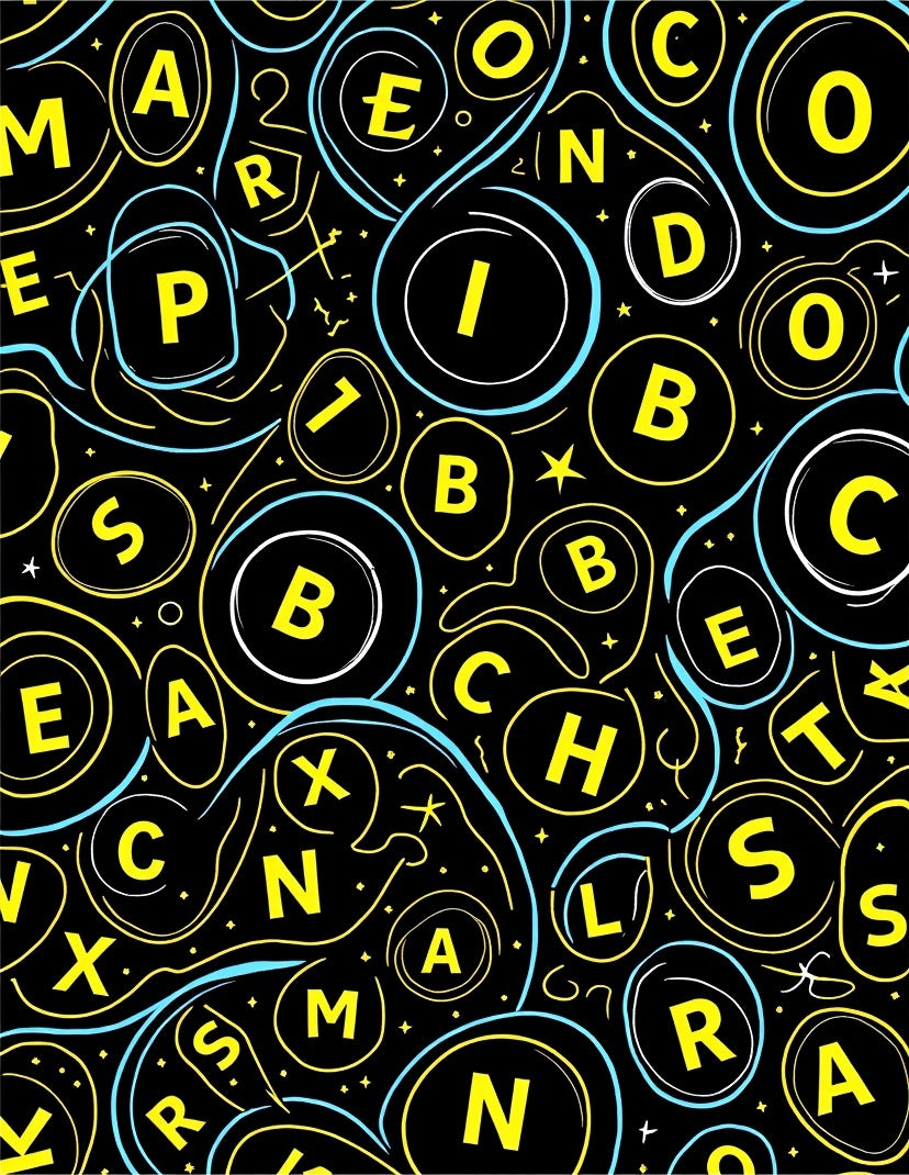 Black Yellow Blue Alphabet Whirl Rug