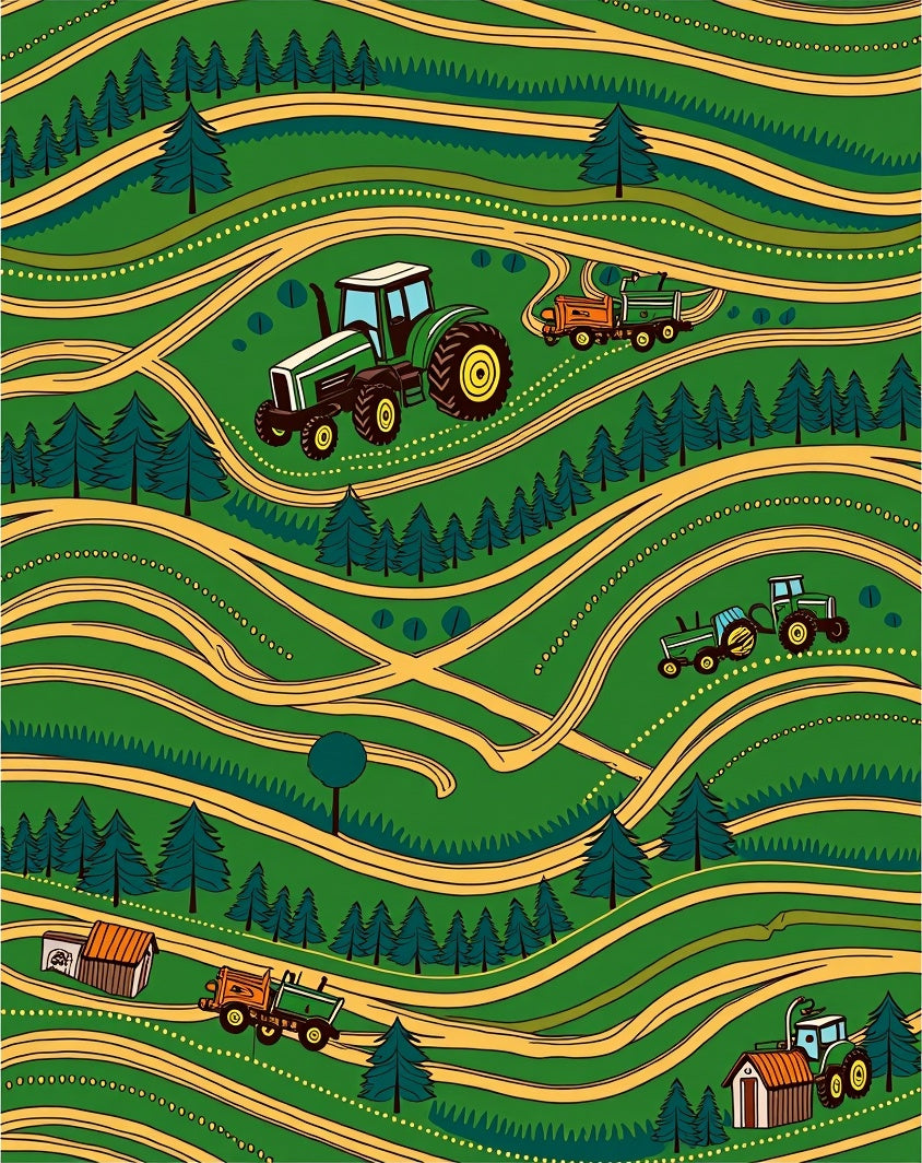 Green Rolling Hills Tractor Collage Rug