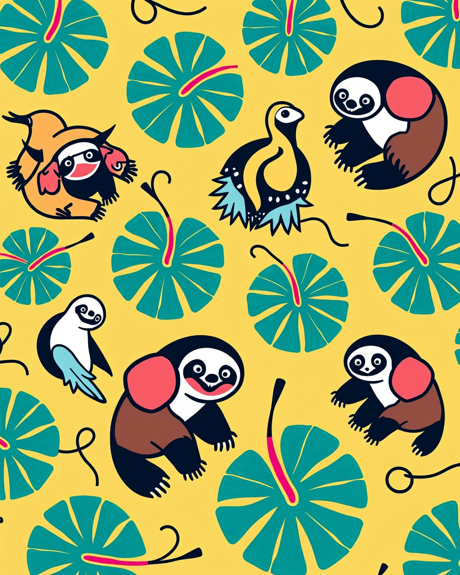 Whimsical Yellow Tropical Sloth Birds Rug