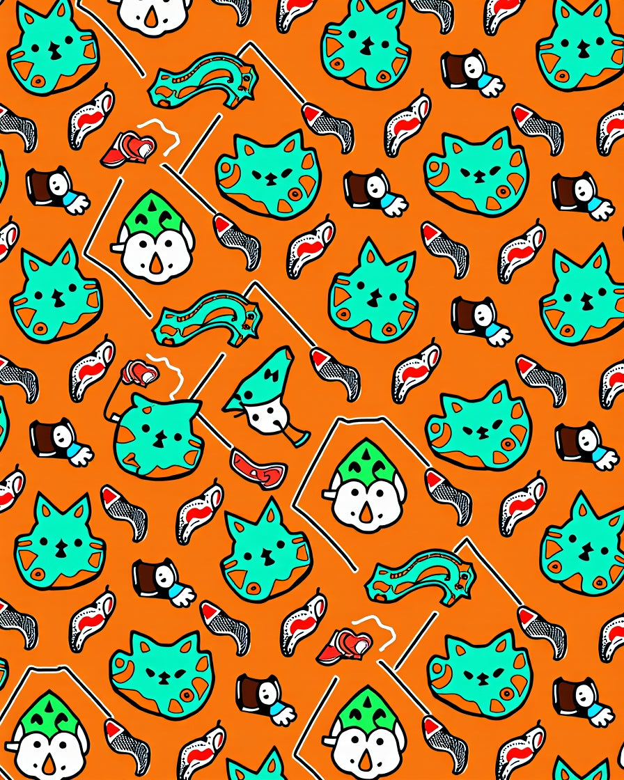 Whimsical Orange Cat and Penguin Tile Rug