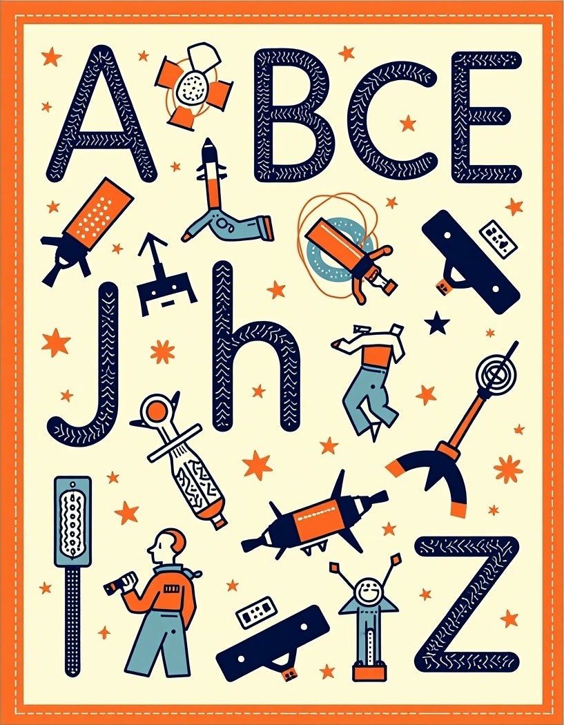 Cosmic Alphabet Orange Blue Rocket Rug