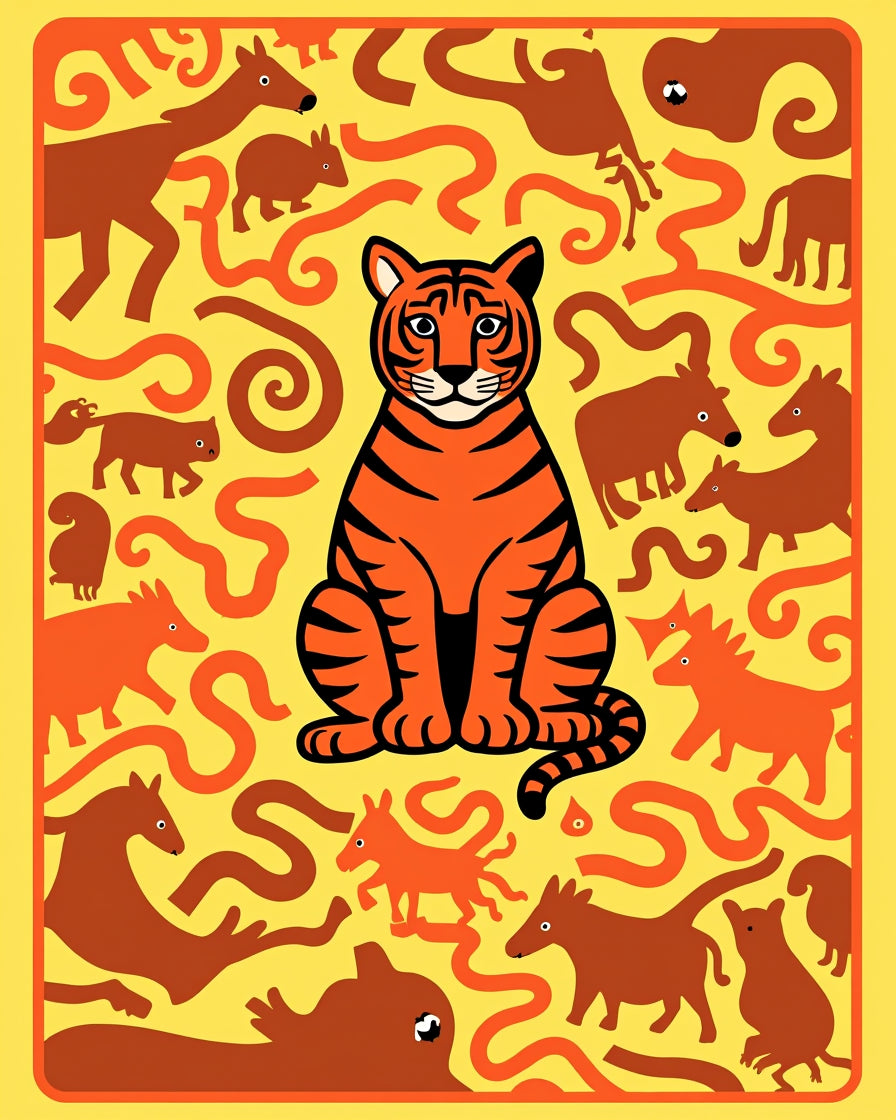 Orange Tiger Amidst Brown Creatures Rug