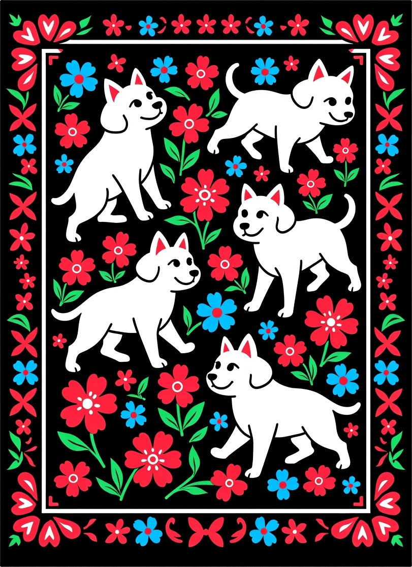 Happy White Dogs Red Blue Flowers Rug