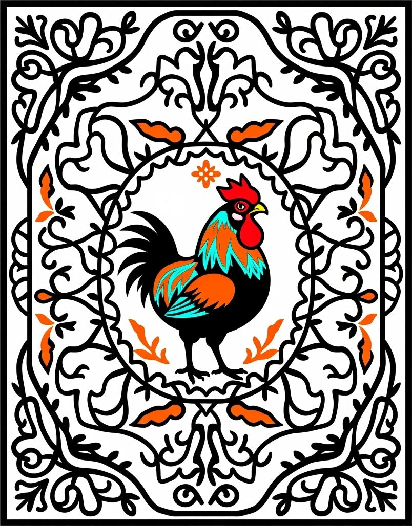 Rooster With Orange Blue Black Accents Rug