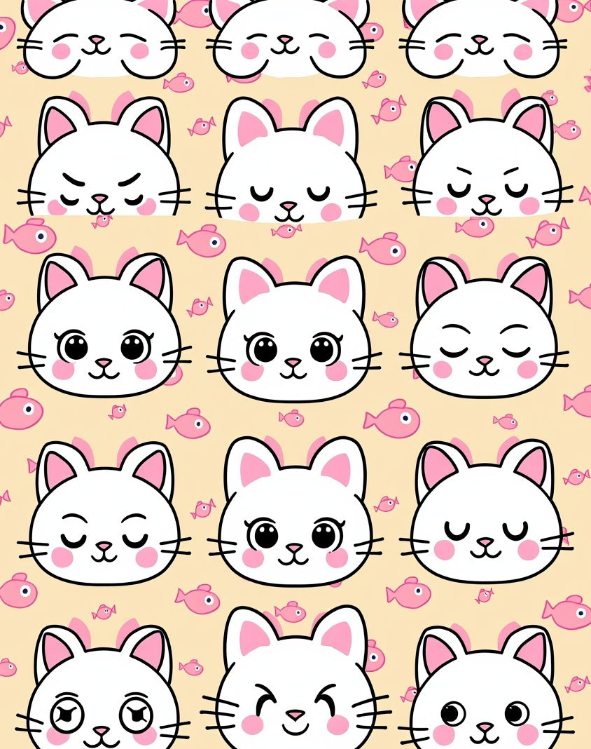 Whimsical White Kitty Faces Pink Fish Rug