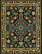 Ornate Red Blue Golden Floral Border Rug