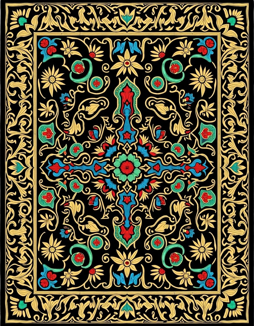 Ornate Red Blue Golden Floral Border Rug