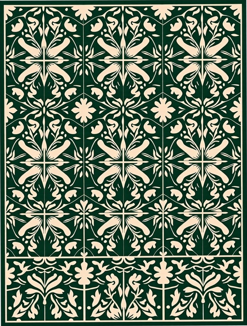 Dark Green Floral Medallion Repeating Rug