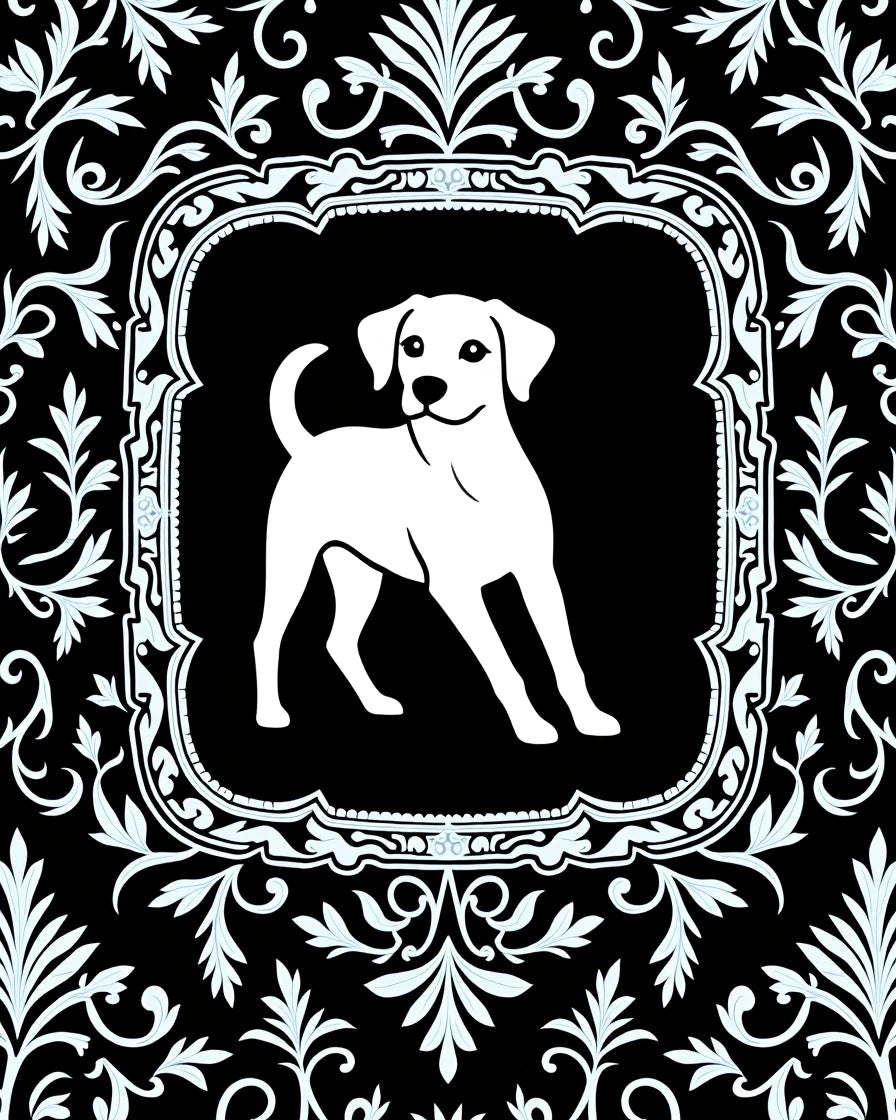 Black White Dog Floral Frame Rug