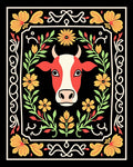 Red Cow Floral Frame Folk Art Rug