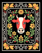 Red Cow Floral Frame Folk Art Rug