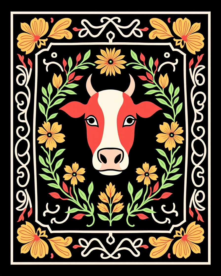 Red Cow Floral Frame Folk Art Rug