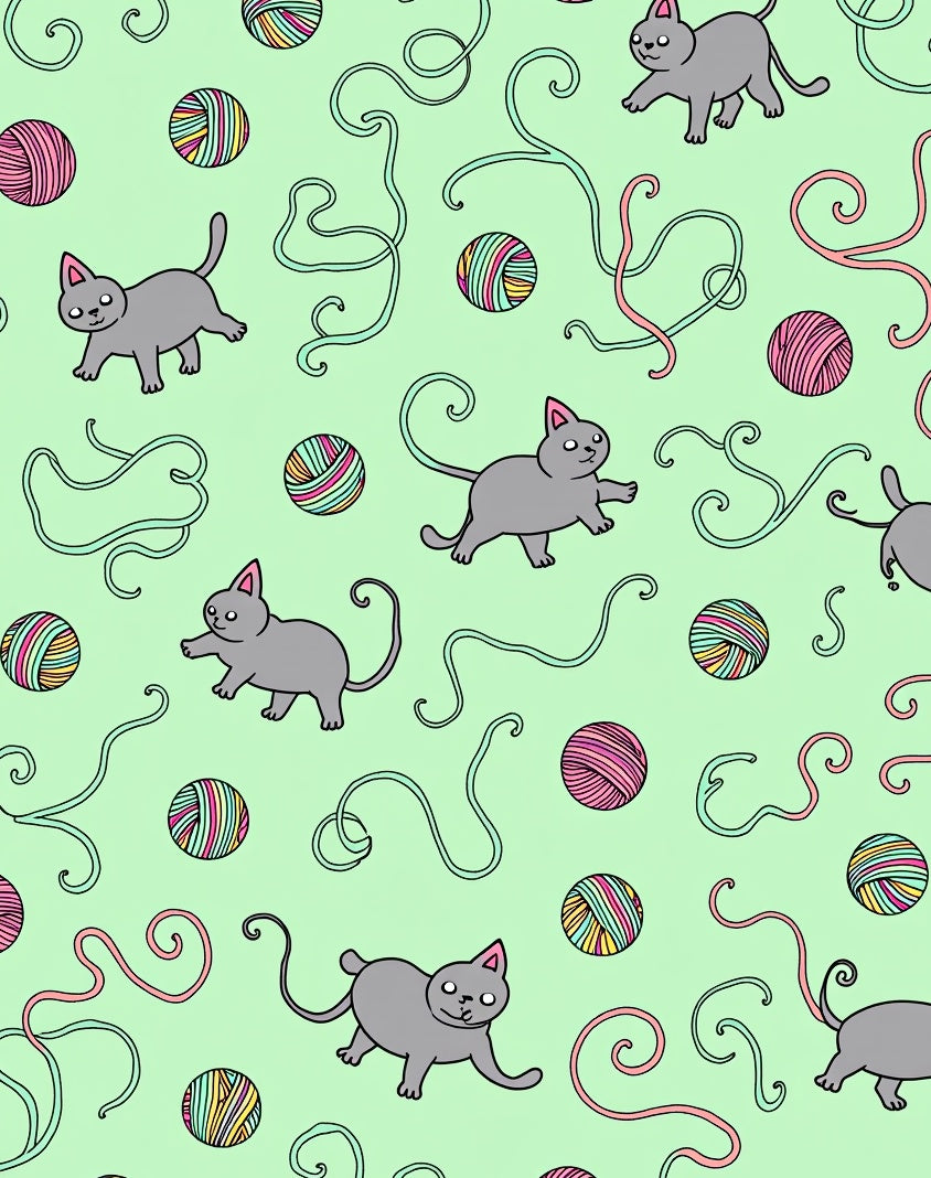 Playful Gray Cats Yarn Balls Mint Backdrop Rug