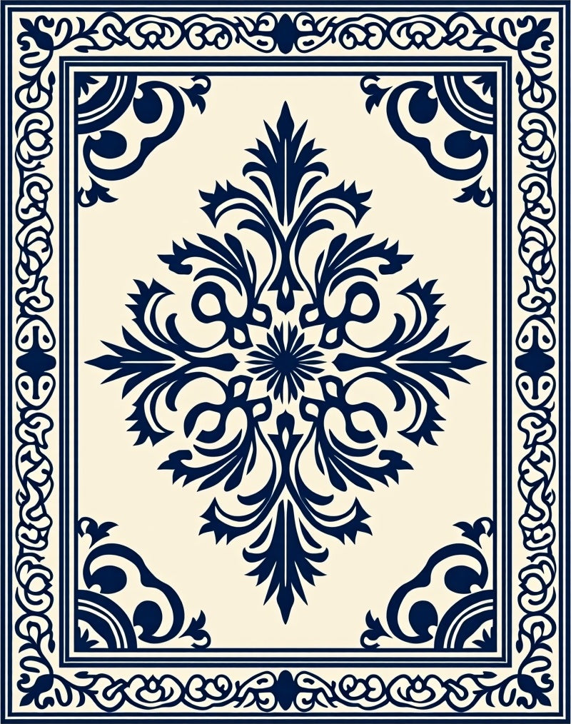 Navy Blue Damask Medallion Cream Rug