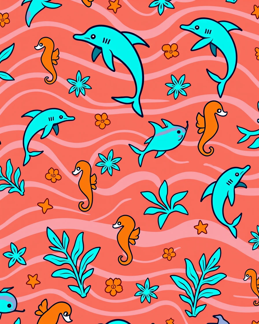 Coral Ocean Dolphins Seahorses and Plants Rug