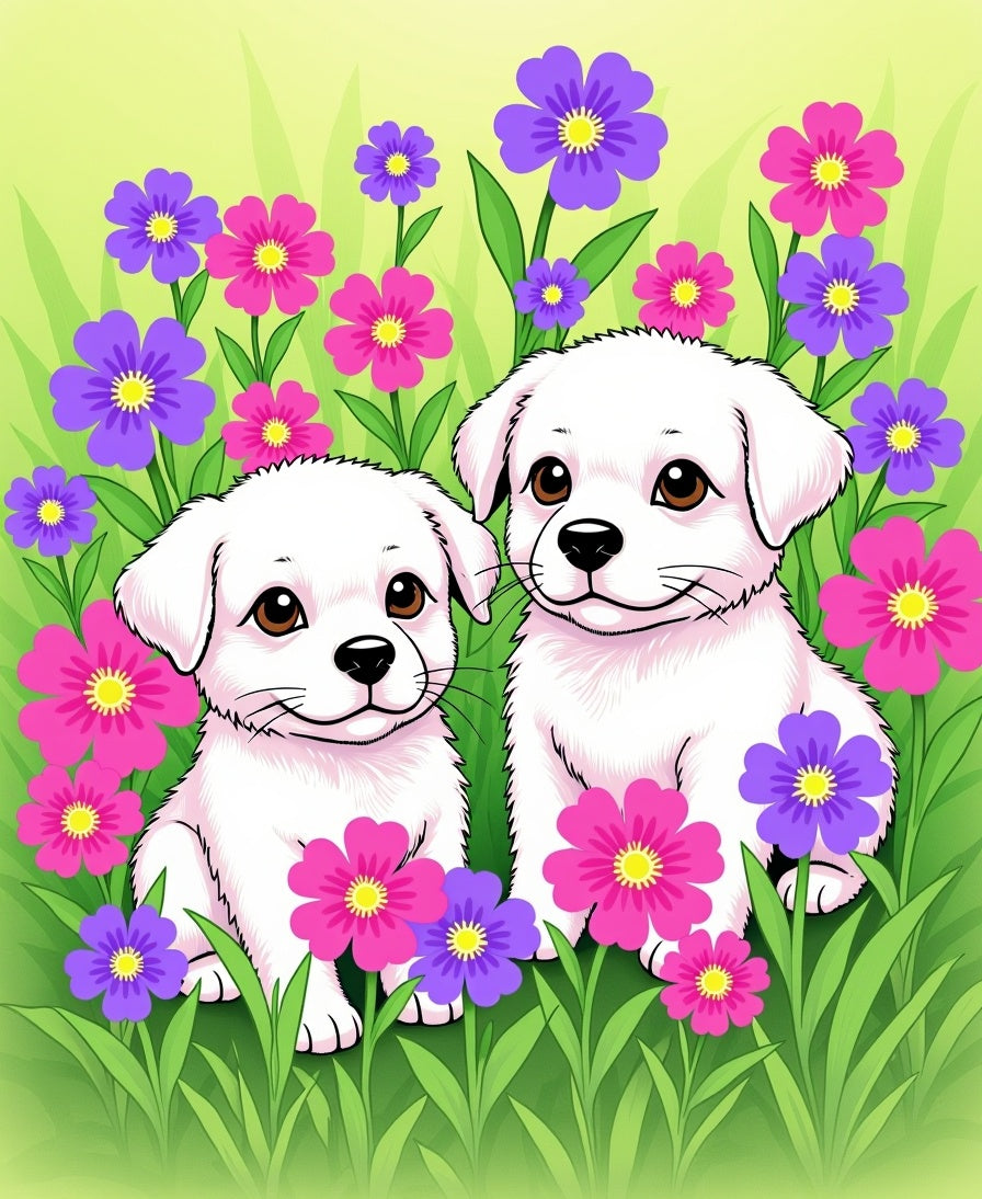 Sweet Puppies Among Vibrant Flowers Rug