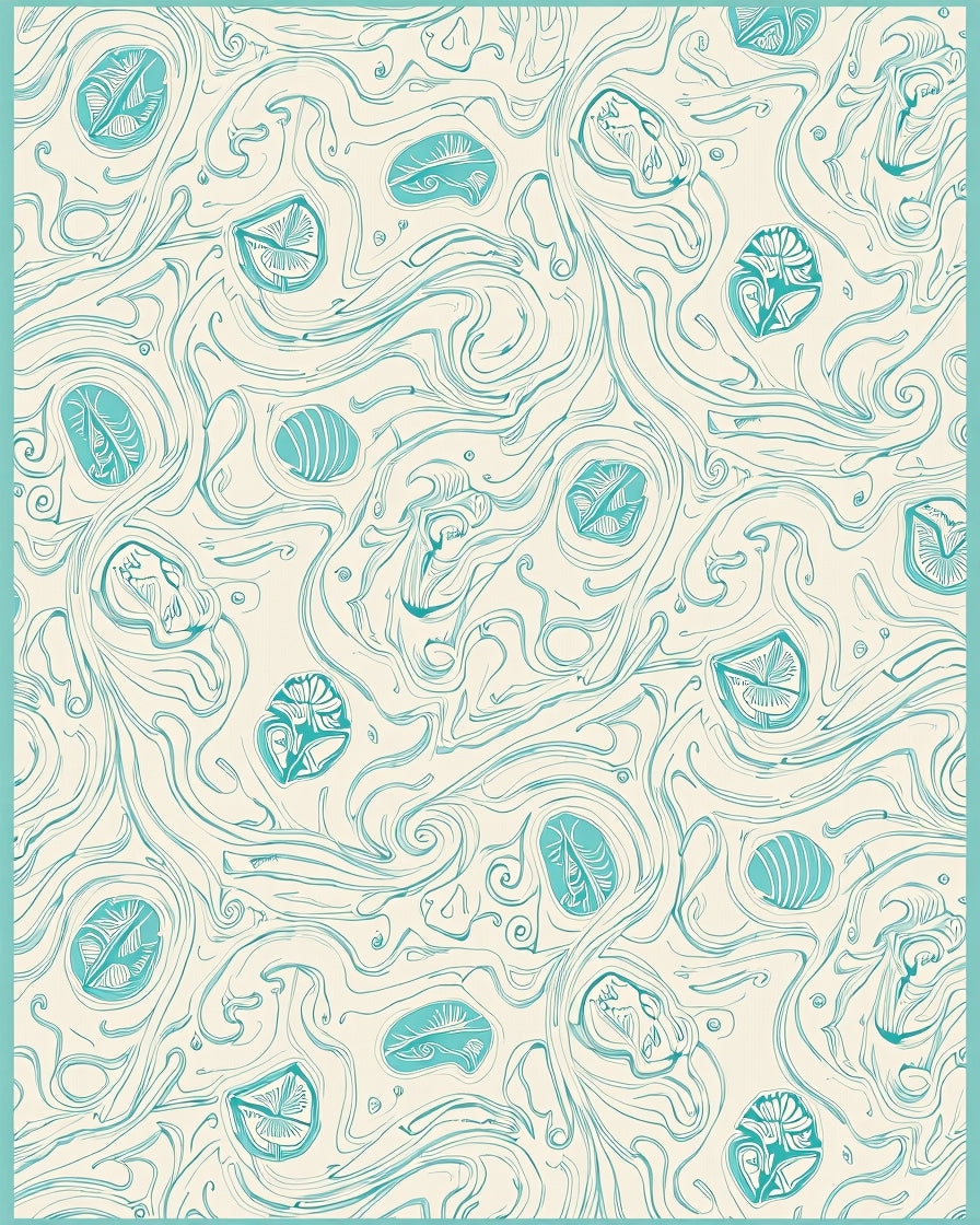 Teal Swirl Botanical Leaf Overlay Rug